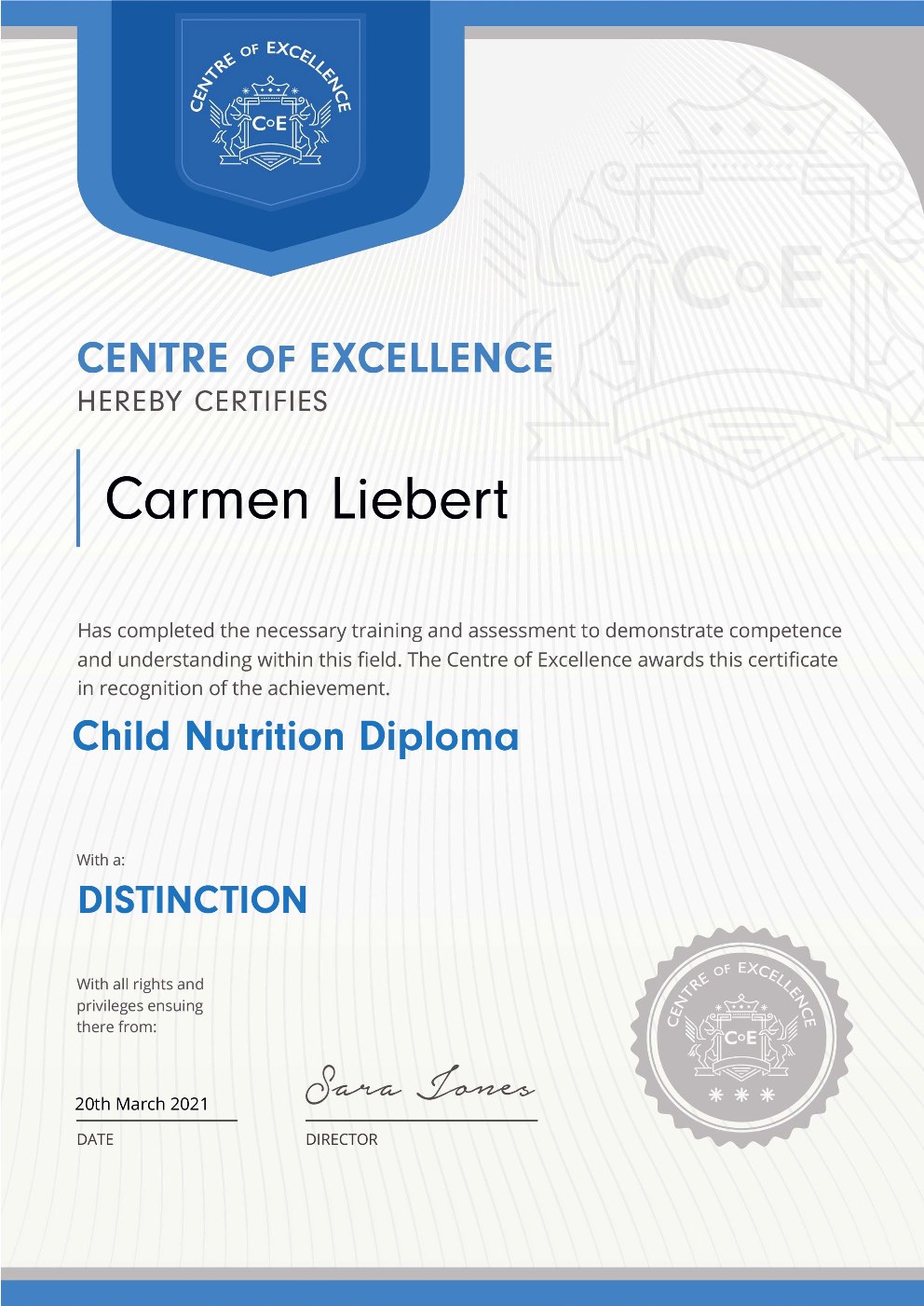 Child Nutrition Diploma Carmen Liebert | Centre of Excellence