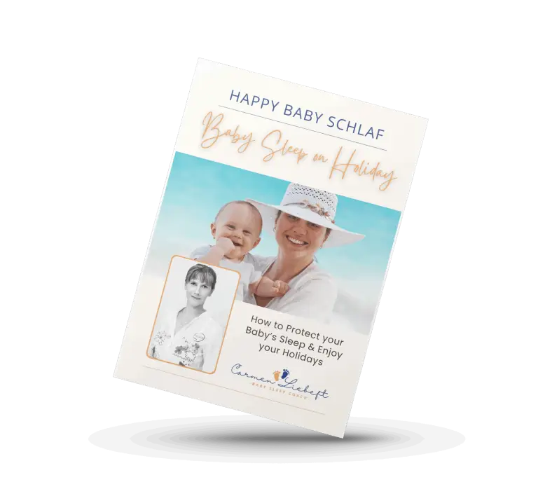 Baby Sleep on Holiday – free guide by baby sleep coach Carmen Liebert on protecting your baby's sleep while traveling, showing a mother and baby at the beach