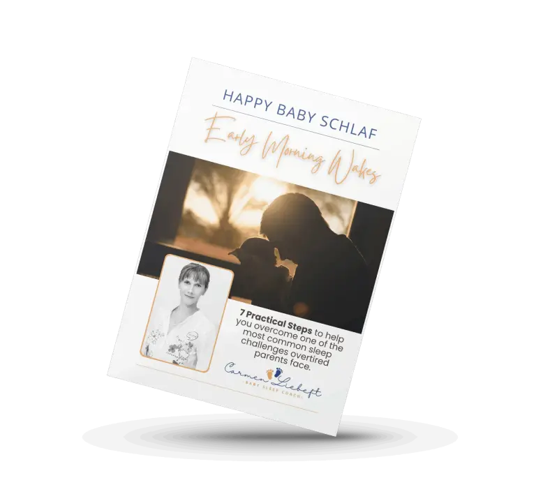 Early Morning Wakes – free guide by baby sleep coach Carmen Liebert with 7 practical steps to stop early waking, showing a parent holding a baby at sunrise