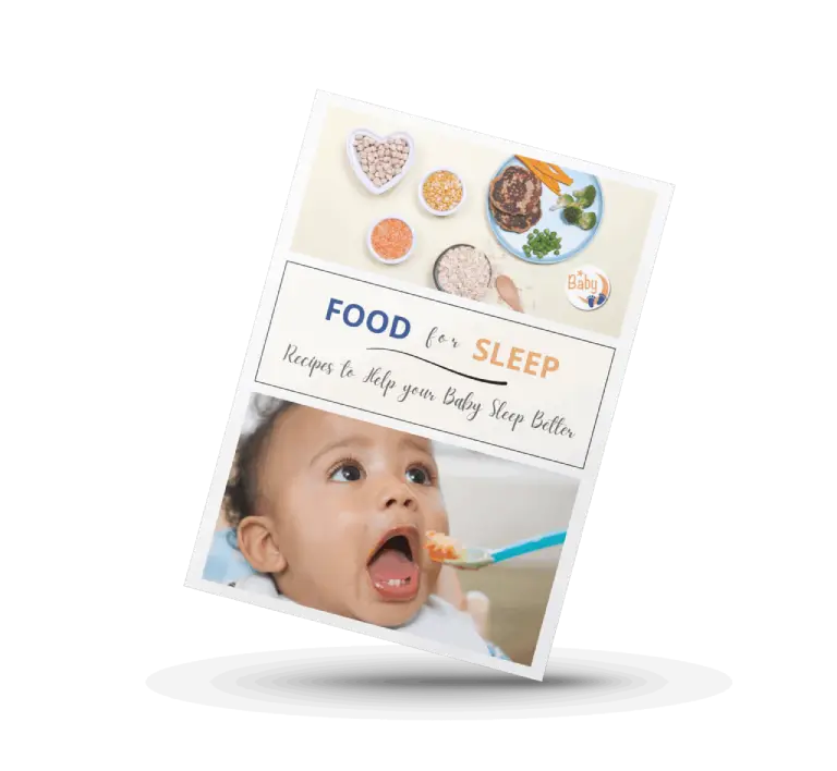 Food for Sleep – free recipe guide from Happy Baby Schlaf to help your baby sleep better, showing a baby being spoon-fed