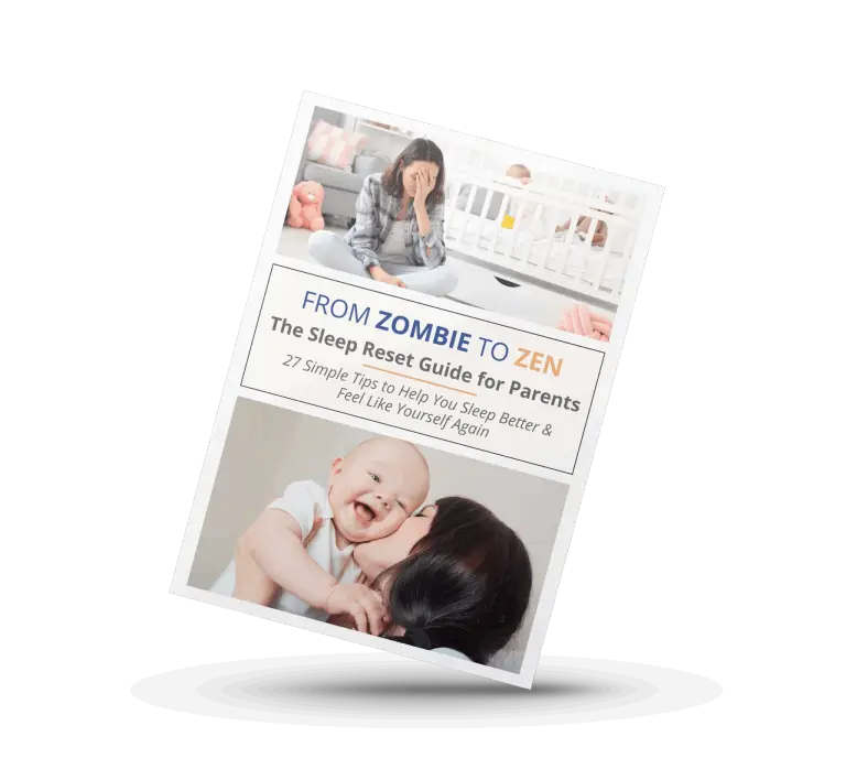 From Zombie to Zen – free sleep reset guide for parents from Happy Baby Schlaf with 27 simple tips to sleep better, showing a tired mother and a happy mother with baby