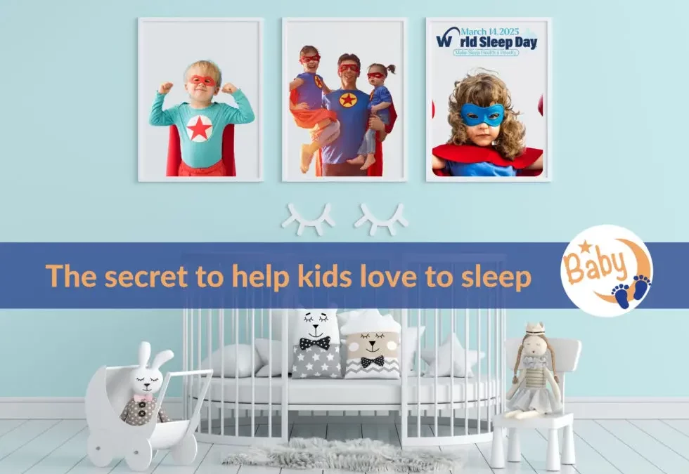 The secret to help kids love to sleep – World Sleep Day 2025, nursery with a white crib and superhero kids posters on the wall