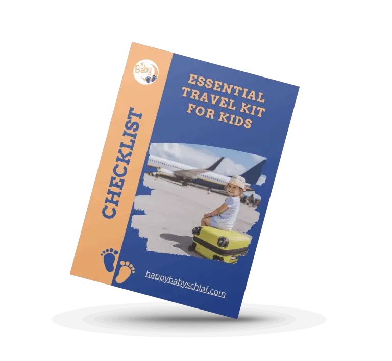 Essential Travel Kit for Kids checklist from Happy Baby Schlaf, showing a child sitting on a yellow suitcase in front of an airplane